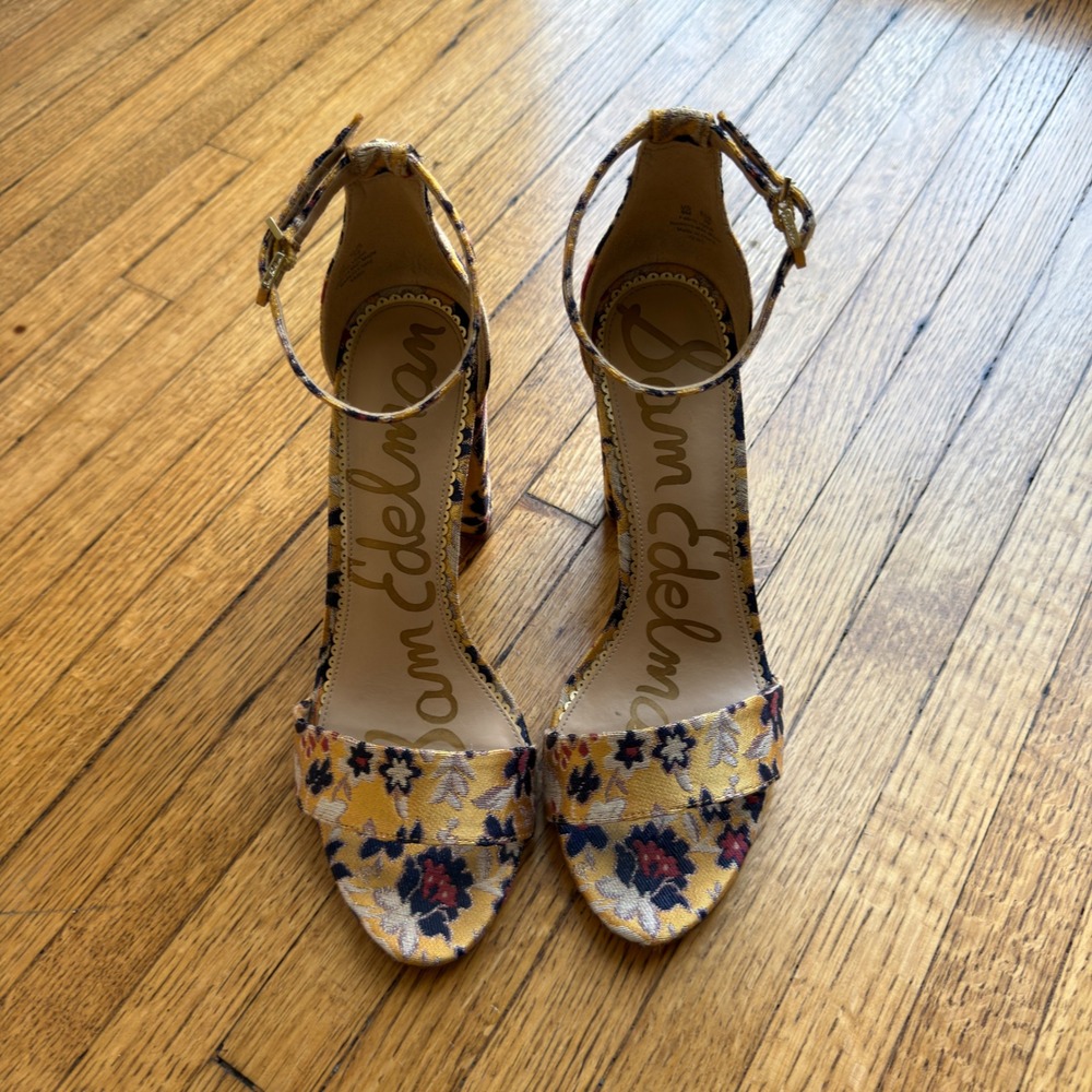 Sam Edelman Yaro Yellow Floral Brocade Ankle Strap Block Heel Sandals 9